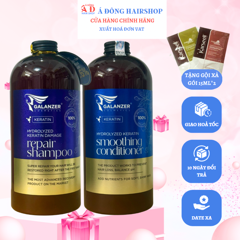 BỘ DẦU GỘI XẢ GALANZER KERATIN MỀM MƯỢT PHỤC HỒI - DƯỠNG ẨM - SẠCH GÀU DẦU BẾT 1000ML + GỘI XẢ GÓI KARSEELL 15ML