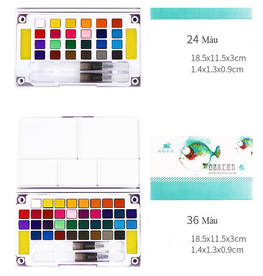 Bộ Màu Nước  Water Color Cao Cấp 12/18/24/36 Màu Tặng  Bút Nước, 2 Mút, 1 Palette