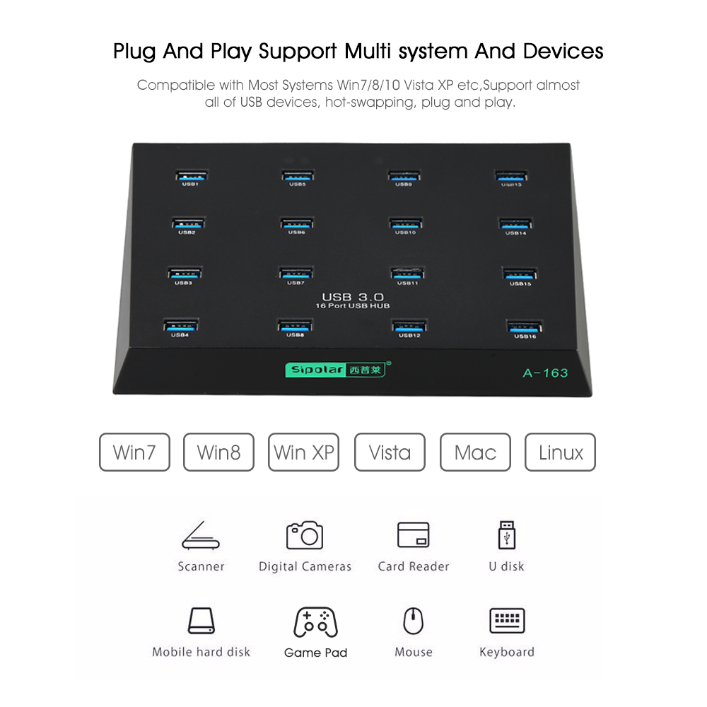 Hub usb 20 cổng Vinetteam Sipolar A-805P hỗ trợ 20 thiết bị USB (dcom 3g 4g), cung cấp nguồn 1.2A cho mỗi cổng để sạc nhanh cho điện thoại, iPad và máy tính bảng với bộ nguồn 12V/10A - hàng chính hãng