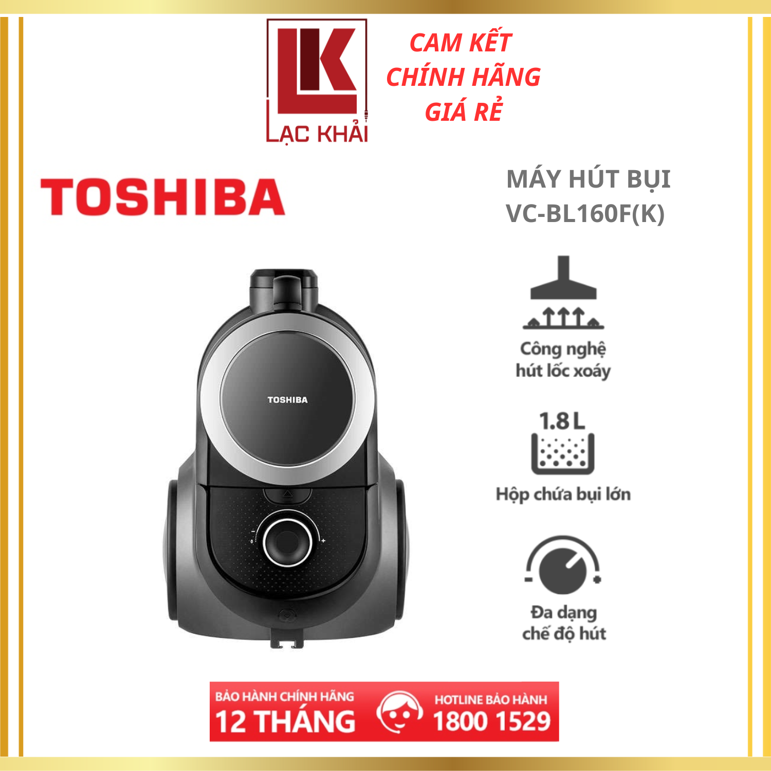 Máy hút bụi Toshiba VC-BL160F(K) - màu đen - Công suất 1600W - Hàng chính hãng - bảo hành 12 tháng chất lượng Nhật Bản