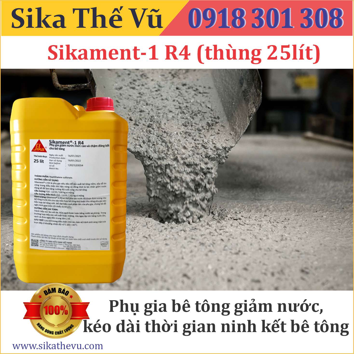 Phụ gia bê tông cao tầng giúp giảm nước, kéo dài thời gian ninh kết bê tông - Sikament- 1 R4 (thùng 25lít)