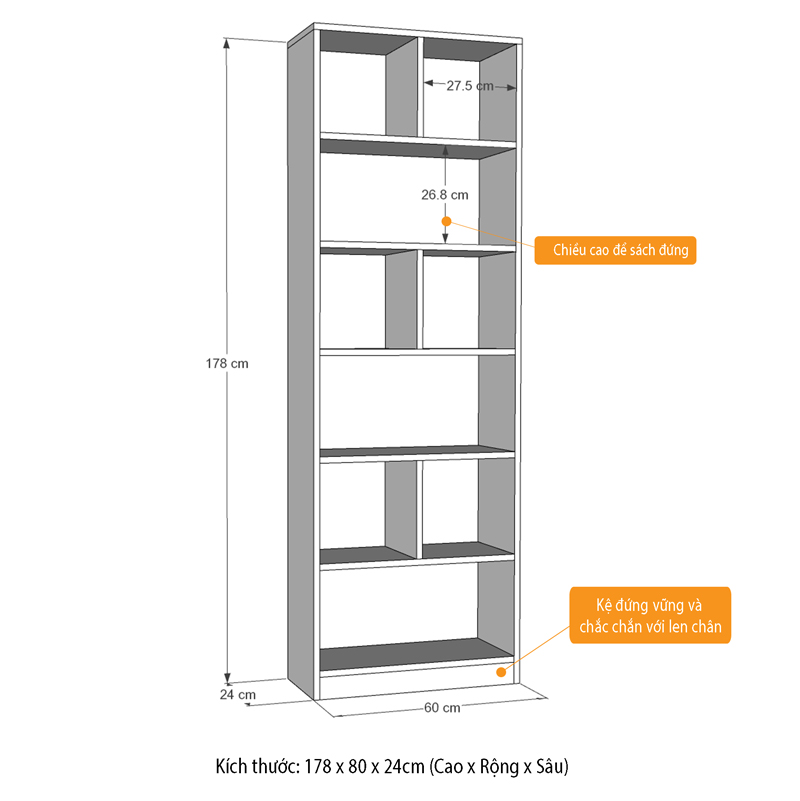 Kệ Sách Để Sàn Gỗ Chống Ẩm Cao Cấp SIB Decor (178 x 60 x 24cm)