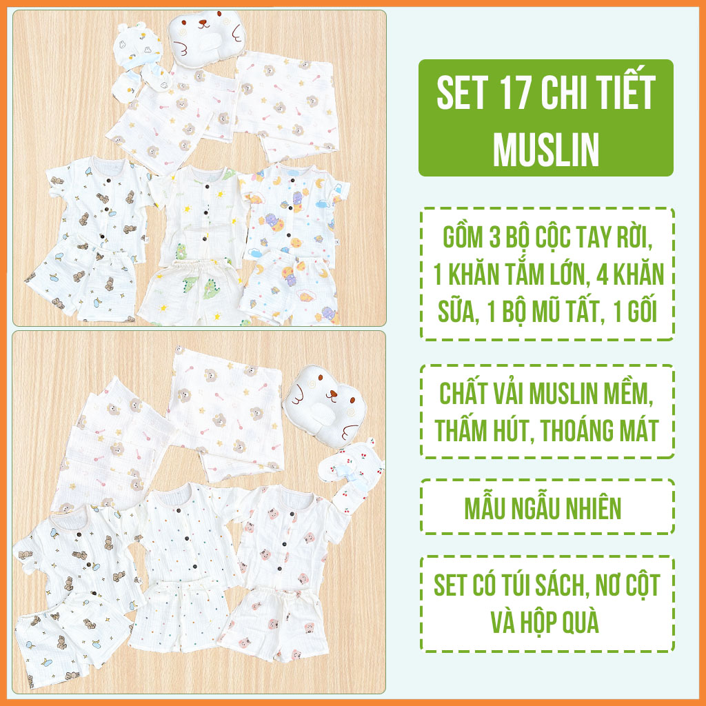 Set Quà Tặng Sơ Sinh Đầy Tháng Chất Muslin 17 Chi Tiết NB House Kids Cho Bé Trai Và Bé Gái