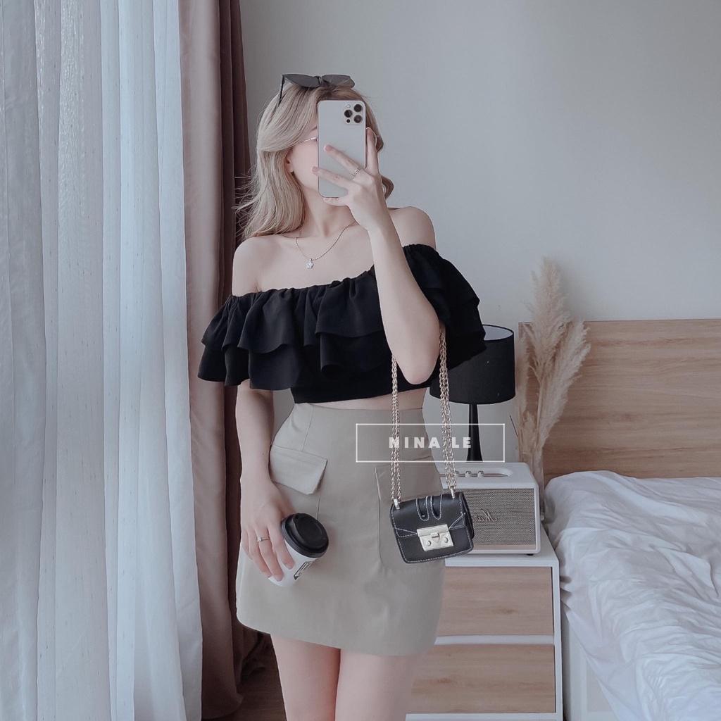 Sét bộ thời trang nữ trễ vai bèo lai croptop phối chân váy tuyết mưa sang chảnh quý phái