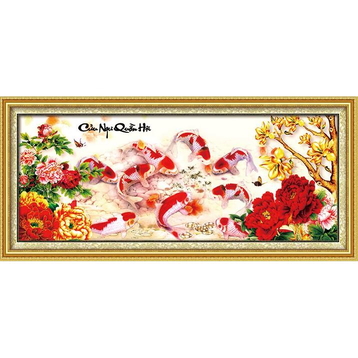 Tranh Đính Đá CÁ CỬU NGƯ QUẦN HỘI. Kích Thước: 1m15 x 50cm - 1m65 x 70cm