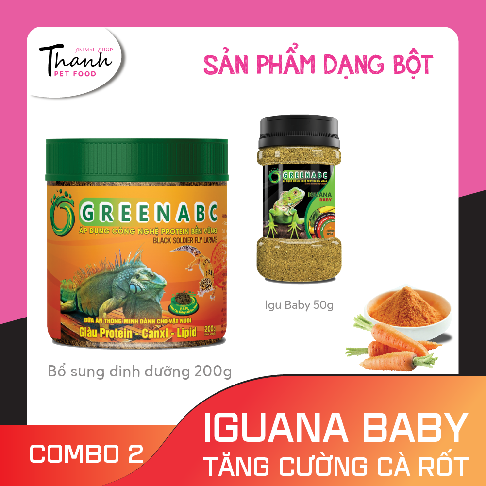 Thức ăn bò sát Iguana Baby nhãn GREENABC vị cà rốt dùng cho Iguana từ mới nở cho đến 9x – Tăng trưởng nhanh, lên màu đẹp, phòng chống MBD, teo đuôi – Hộp 230g