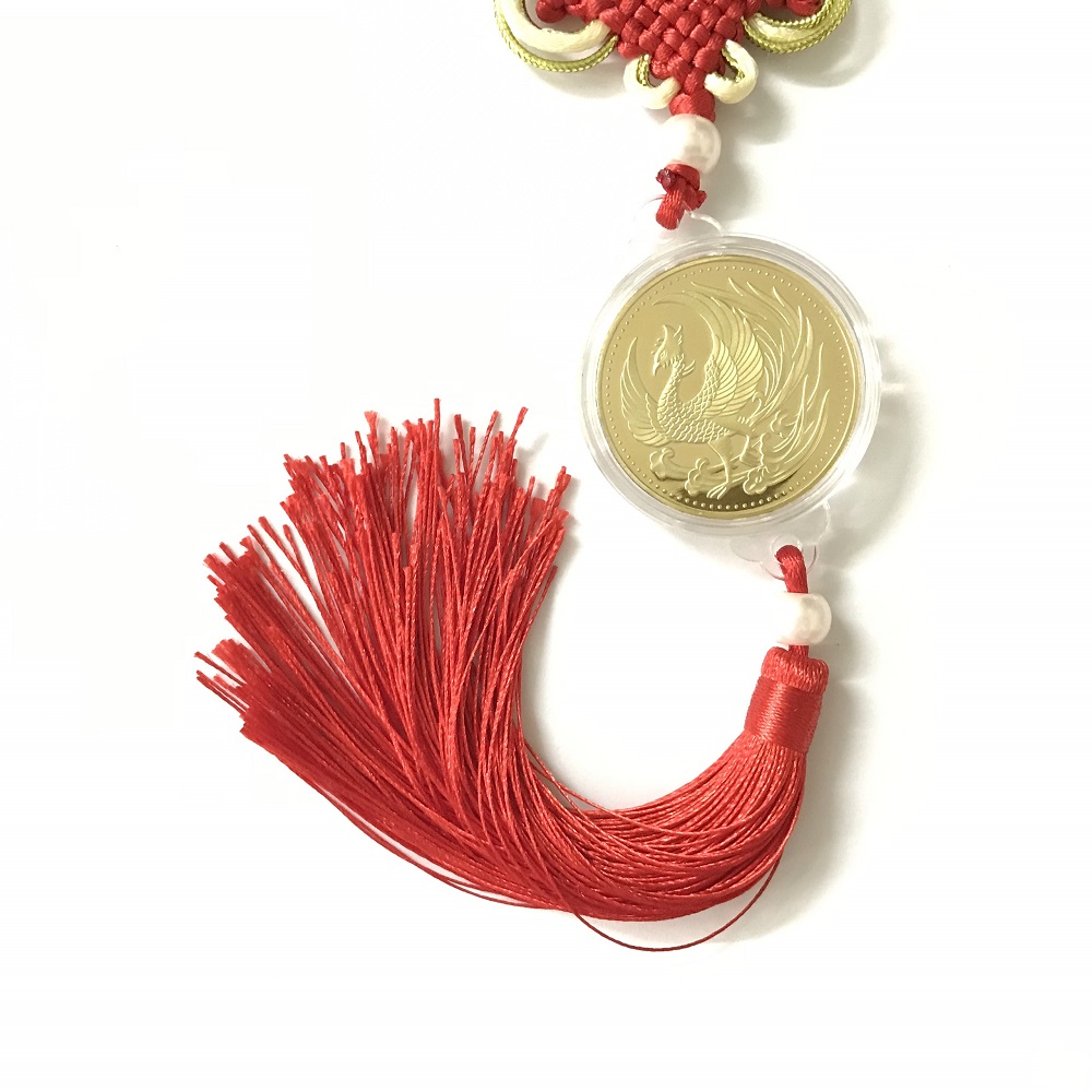 Dây treo như ý xu may mắn khắc hình Phượng Hoàng (Phụng), chất liệu Niken, dây treo xu bằng dây bện màu đỏ, thu hút tài lộc, thăng tiến sự nghiệp - SP001141