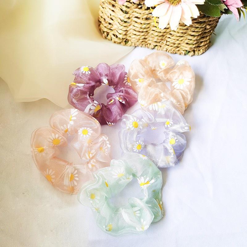 Dây buộc tóc vải voan HACHIKI scrunchies phối lưới hoạ tiết hoa cúc hoạ mi SCRUNHOA