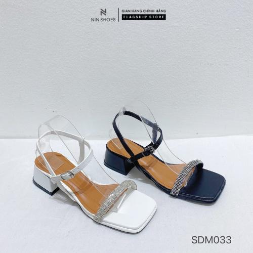 Giày sandal nữ Ninshoes - Sandal cao gót 3p mũi vuông đế vuông quai đính đá