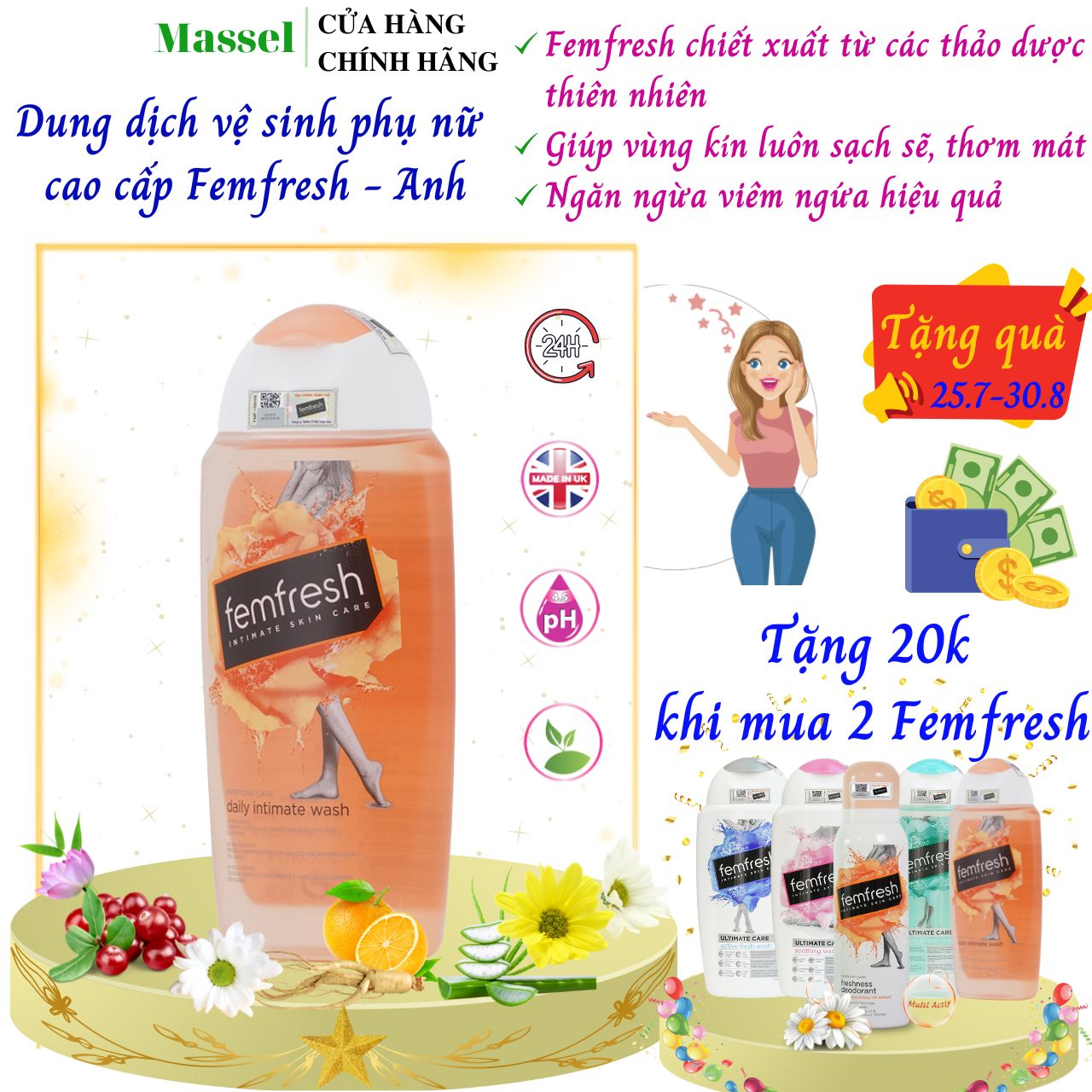 Dung Dịch Vệ Sinh Phụ Nữ Femfresh Daily Intimate Wash 250ml, kháng khuẩn, làm sạch, khử mùi, tạo hương thơm mát cả ngày