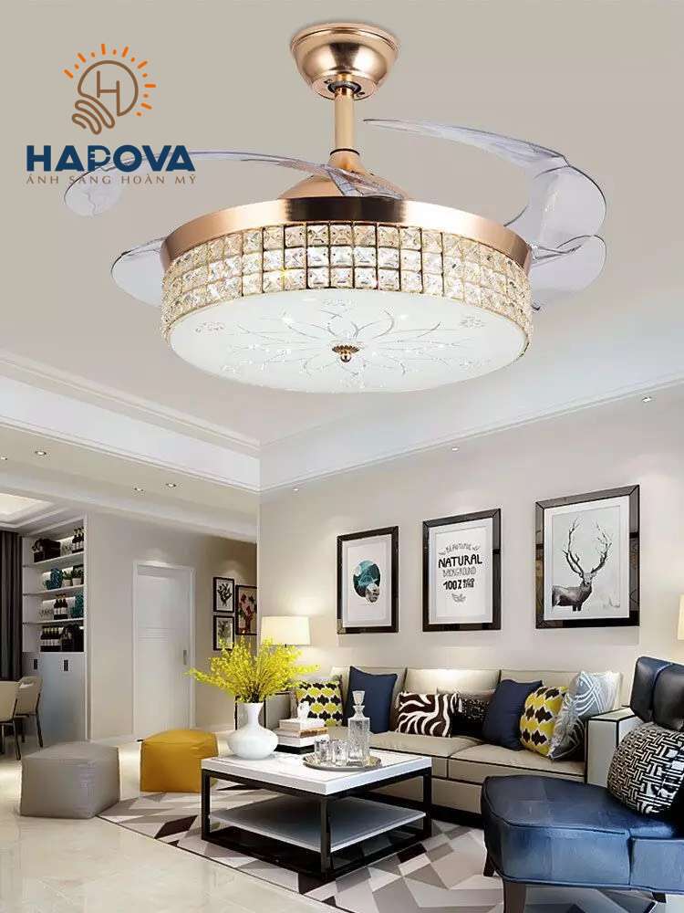 Quạt trần đèn trang trí, quạt đèn dấu cánh HAPOVA ZODIAC G30, có 3 chế độ sáng có điều khiển từ xa DQ 8043 hàng chính hãng