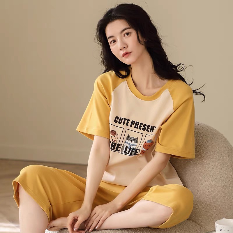 Đồ bộ mặc nhà cotton nữ tay ngắn quần lửng hình hoạt hình 295