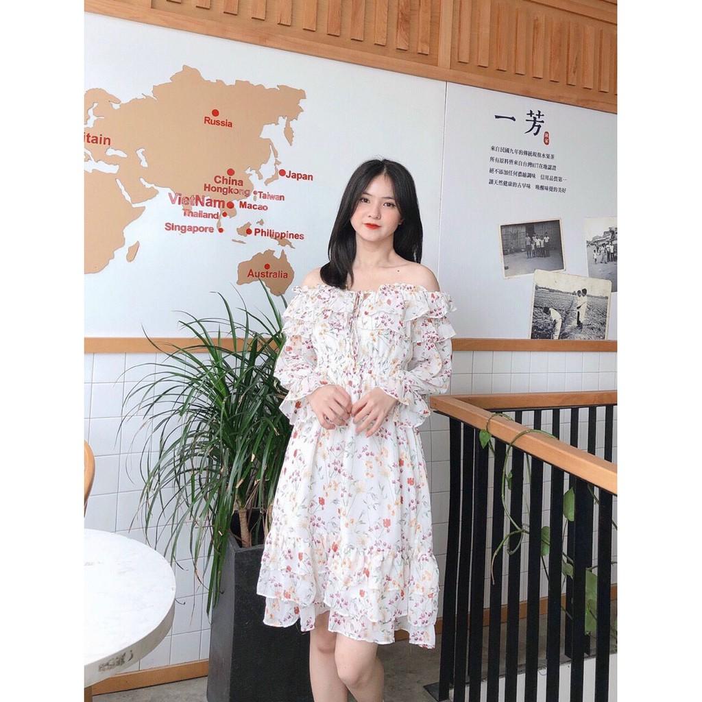 ĐẦM HOA VOAN NHÍ 2 LỚP TẦNG TẦNG BÈO XÒE CỔ BỆCH VAI TAY DÀI DÁNG XÒE BÈO-