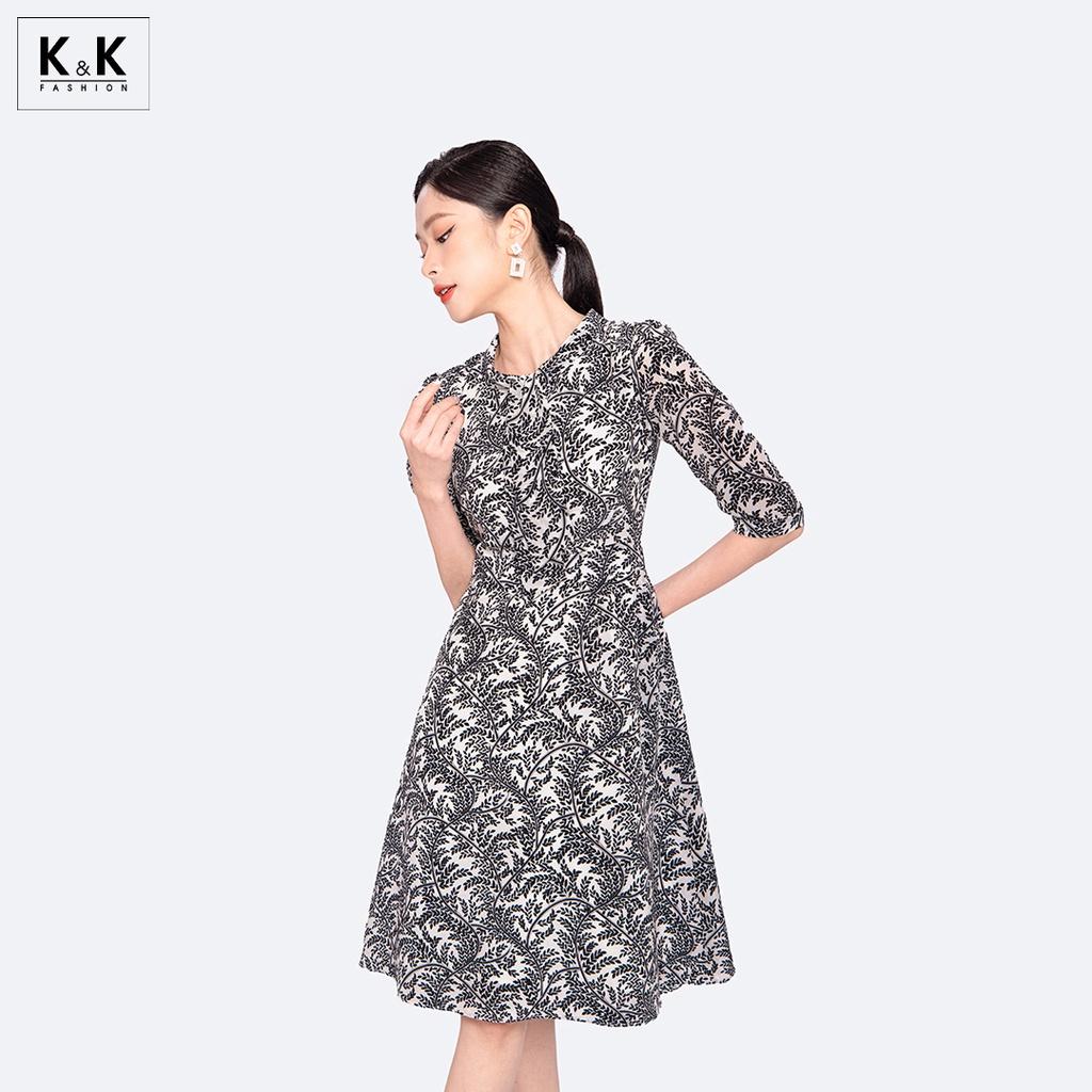 Đầm Xòe Công Sở Họa Tiết Tay Lửng K&amp;K Fashion KK119-18 Chất Liệu Lụa