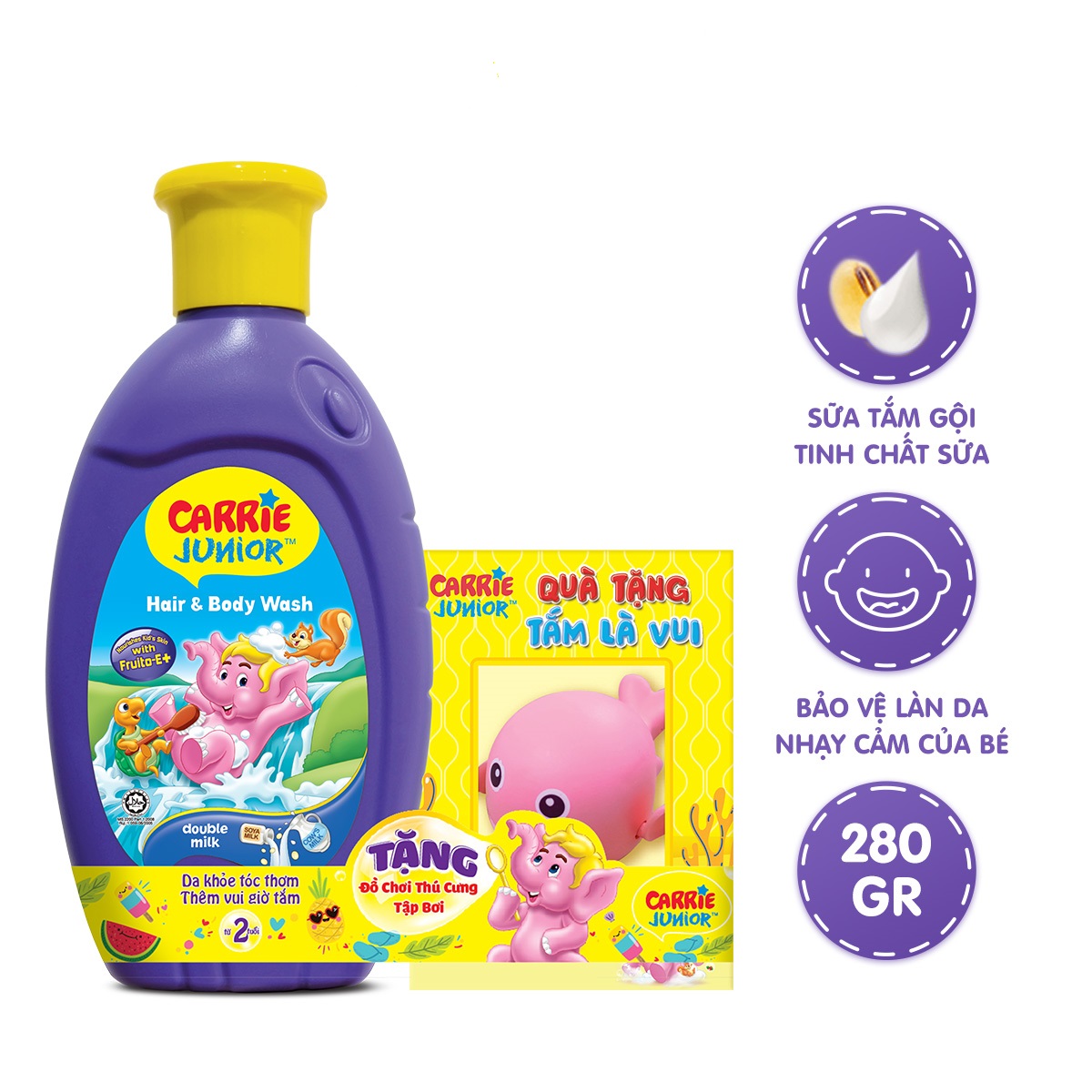 Chai Sữa Tắm Carrie Junior Hương Tinh Chất Sữa 280g + thú tắm đồ chơi