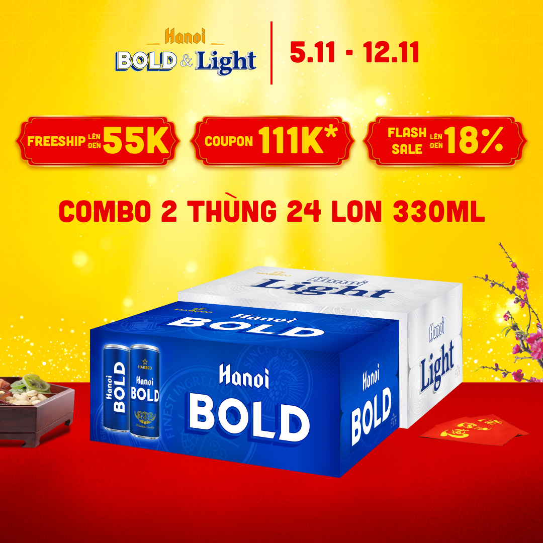 Combo 2 Thùng Bia Hanoi BOLD &amp; LIGHT - Thùng 24 lon 330ml
