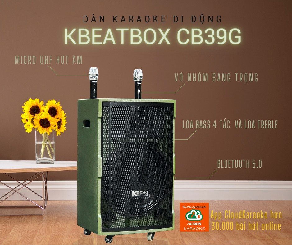 Dàn Karaoke di động ACNOS CB39G - Loa kéo bass 4 tấc - Công suất lên đến 450W - Đầy đủ kết nối bluetooth, AV, USB - Kết nối với các thiết bị thông minh khác dễ dàng qua dễ dàng qua CloudKaraoke - Kèm 2 micro không dây UHF - Hàng chính hãng