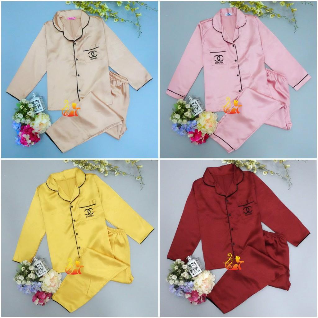 Đồ bộ Pijama Phi Lụa Viền " Thêu Chữ " tay dài cao cấp - Dưới 60kg