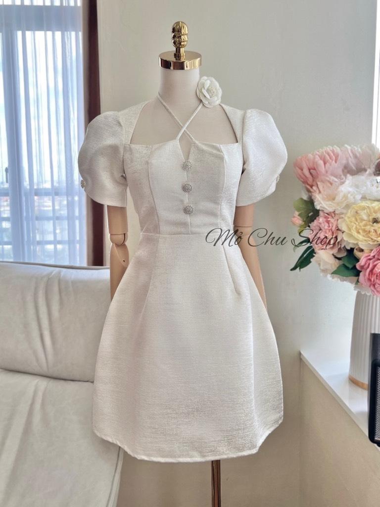 Đầm xòe tafta vân đá chéo dây