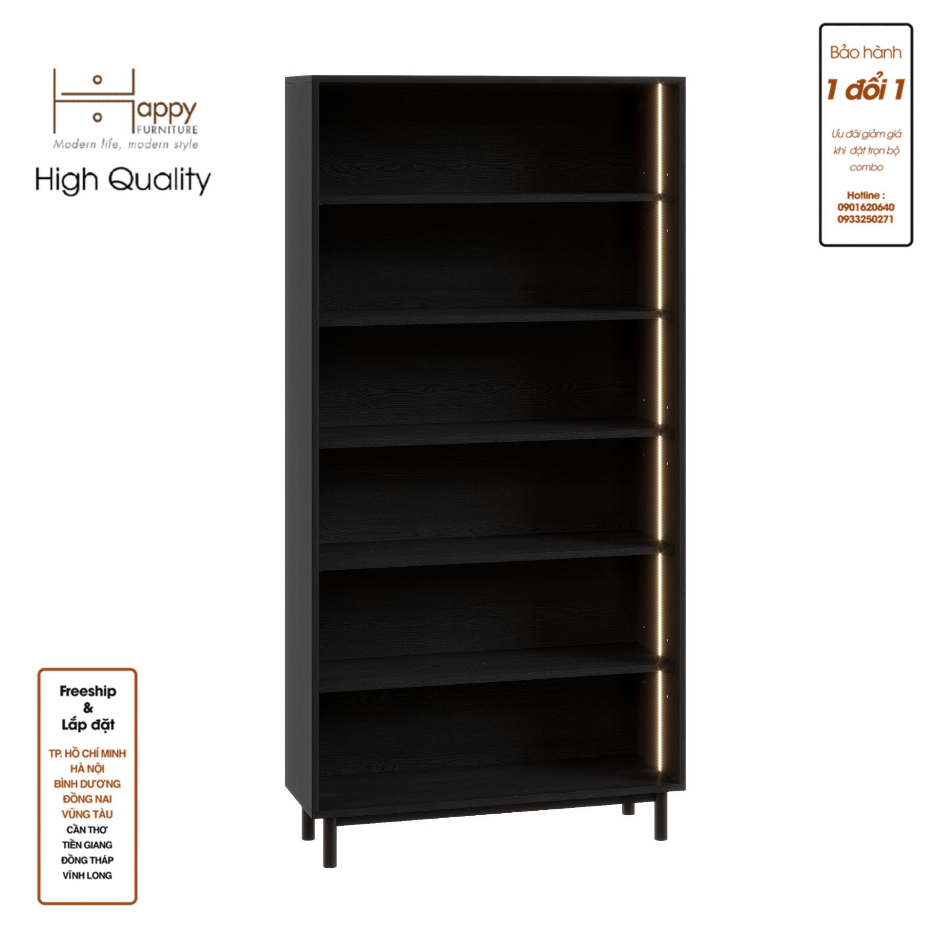 CATY , Kệ sách 6 tầng tích hợp đèn LED - chân sắt , 90cm x 30cm x 180cm , KSA_015_LED