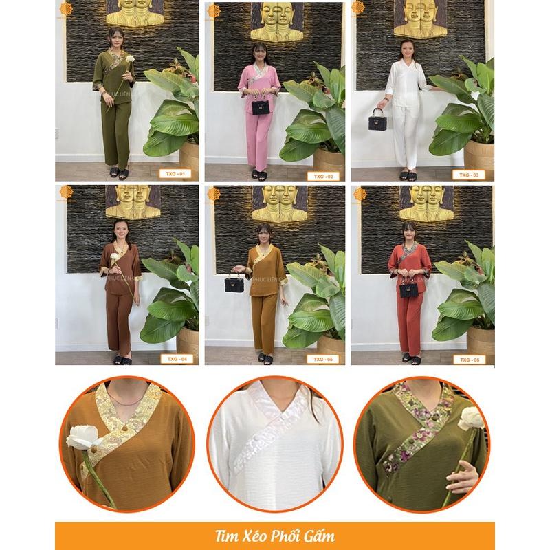 Đồ lam đi chùa nữ - Pháp phục mẫu tim xéo phối gấm, bền màu không nhăn xưởng may Liên Cúc