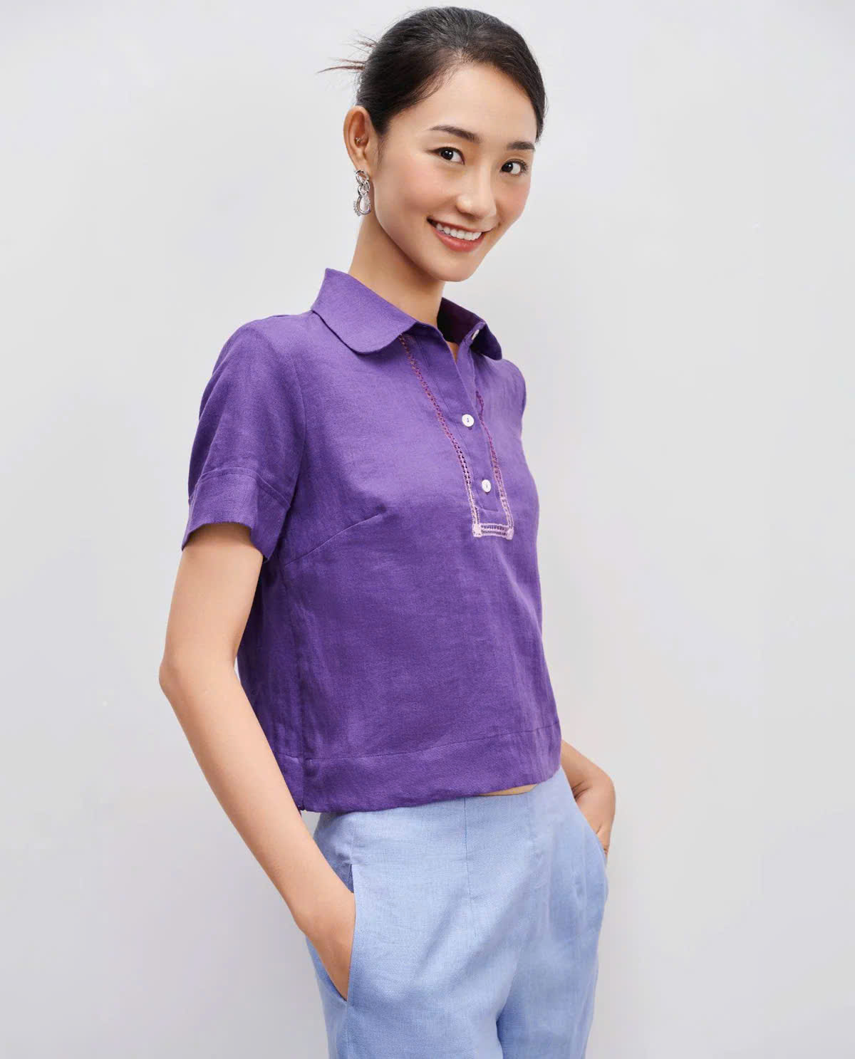 Áo Sơ Mi Nữ Cổ Trụ Tay Ngắn, Áo Sơ Mi Rua Rút Chỉ Linen Tím TOP195 thời trang thiết kế Hity