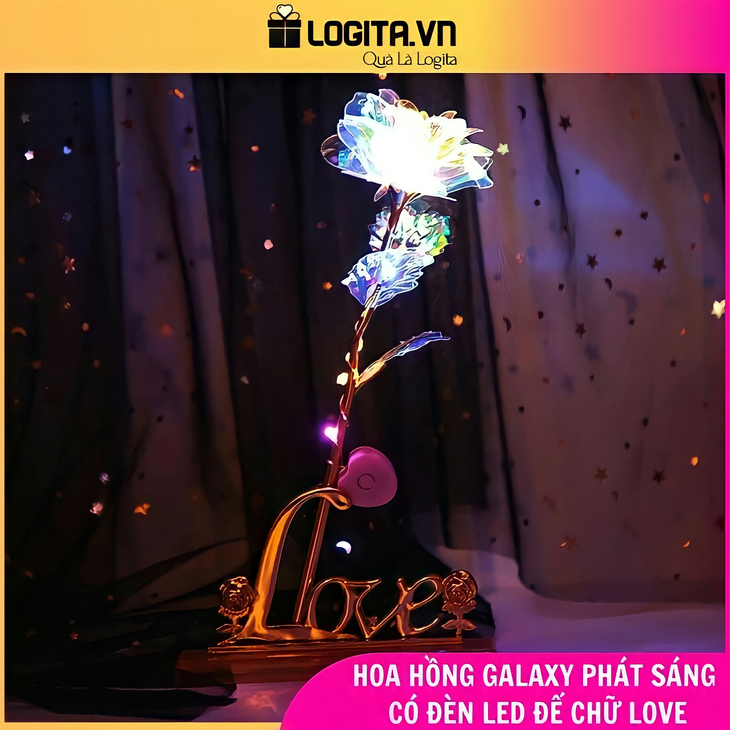 Quà 8/3 Cho Bạn Gái , Cho Mẹ , Cho Vợ Ý Nghĩa - Bông Hồng Galaxy Phát Sáng Đế Chữ Love