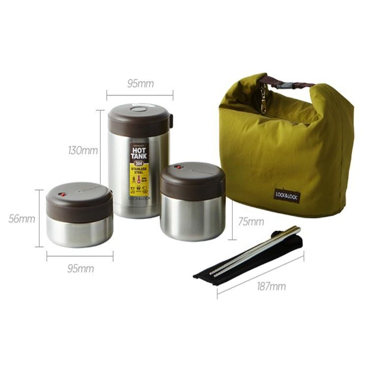 Bộ 3 hộp cơm giữ nhiệt Lock&Lock mushroom lhc8025slv - Hàng chính hãng, có kèm túi và đôi đũa inox - Hapos