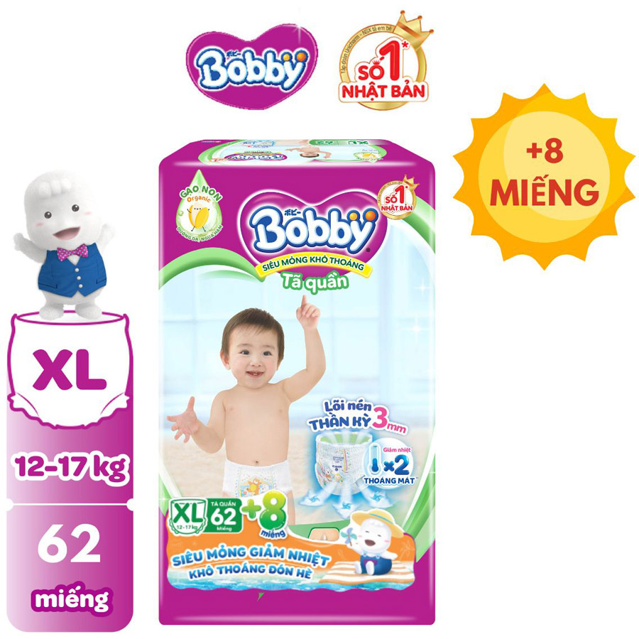 [TẶNG THÊM 8 MIẾNG] Tã quần Bobby Lõi nén thần kỳ 3mm Gạo non XL62+8