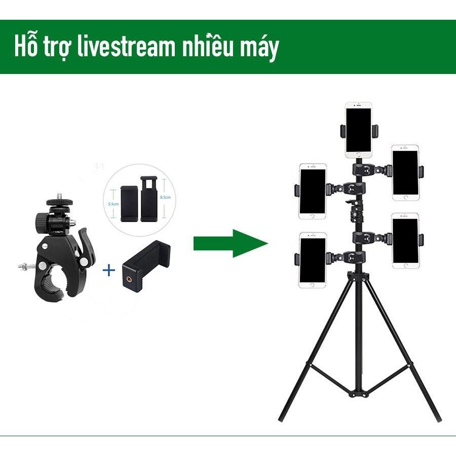 Combo full bộ giá đỡ kẹp 5 điện thoại hỗ trợ livestream nhiều máy cùng lúc chân 2m tăng giảm thoải mái