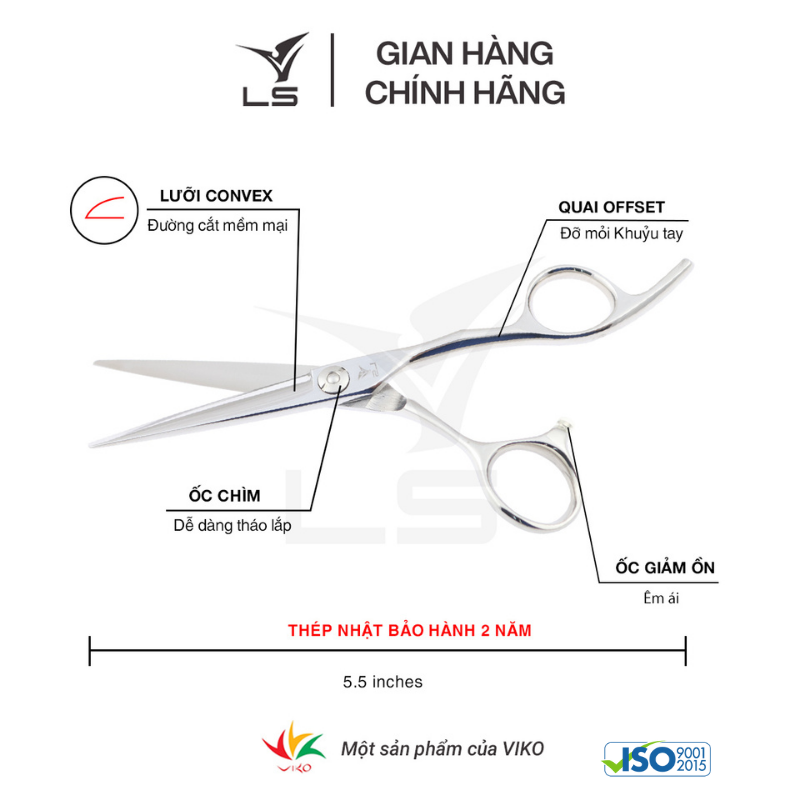 Kéo cắt tóc LS lưỡi thẳng quai offset vênh đỡ ngón cố định CB13L/5.5