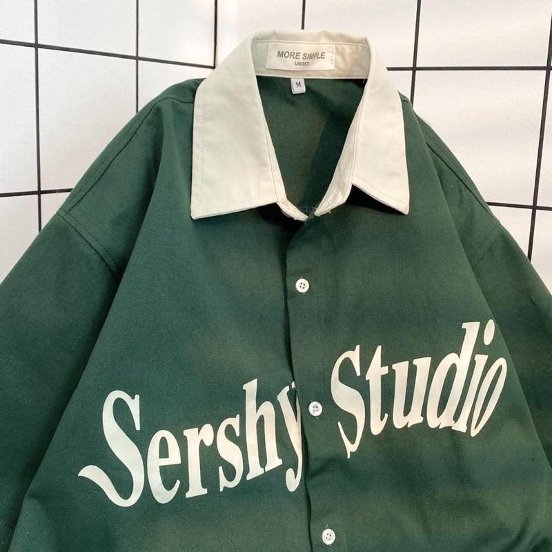 Áo sơmi tay lỡ unisex SERSHY màu XANH LÁ/KEM Nam nữ unisex Áo Sơ Mi form rộng style Ulzzang