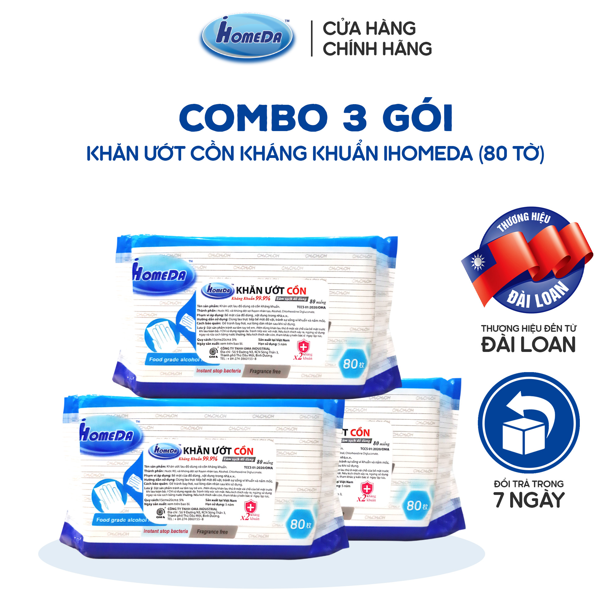 Combo 3 Gói  Khăn ướt kháng khuẩn có cồn cao cấp iHomeda ( 80 Miếng/ Gói) - Combo 3 of iHomeda premium anti-bacteria alcohol wipes ( 80 sheets per packpage)