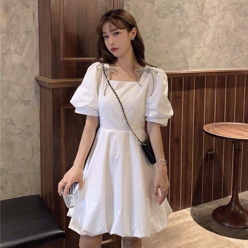 Đầm Nữ Vai Nơ Cổ Vuông Váy Nữ Cộc Tay Dáng Xòe 2 Màu Q027