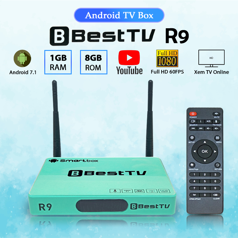 Android TV Box BestTV R9 HĐH Android 7.1 RAM 1GB, ROM 8GB, hỗ trợ độ phân giải Full HD 1080P, sản phẩm chất lượng cao, thao tác đơn giản, hỗ trợ kết nối Wifi, LAN, chuột không dây, bàn phím