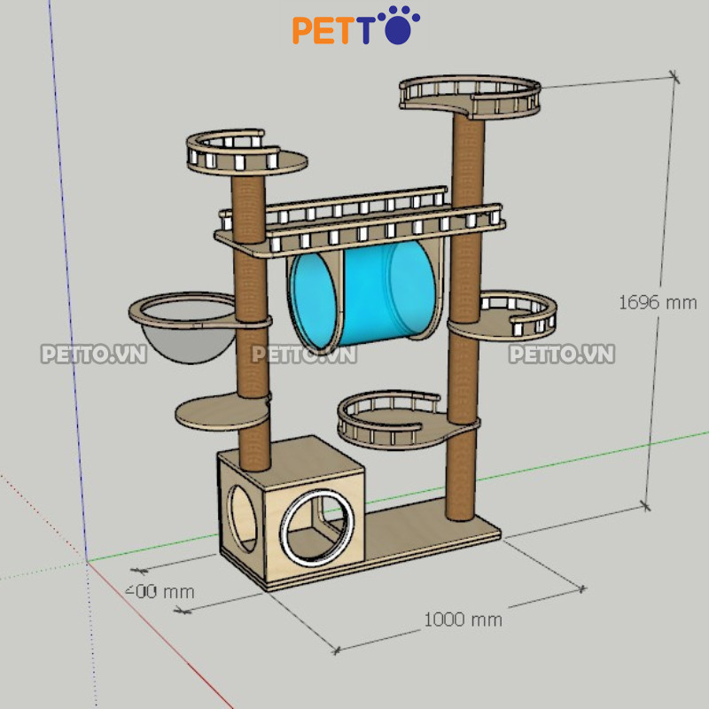Cattree bằng GỖ cho mèo THÁP ĐÔI kết hợp LỒNG KÍNH cao 1m7 cho nhà nhiều mèo CH047