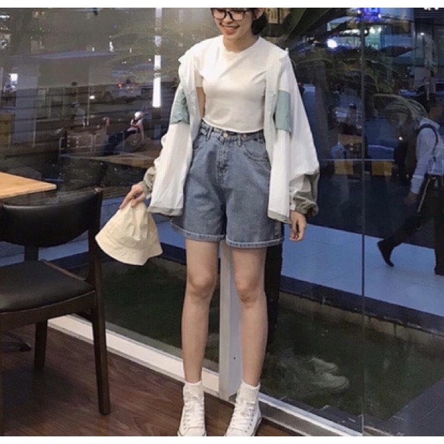 Quần Short Jeans Lưng Cao Ống Rộng Phối 2 Nút - 0051