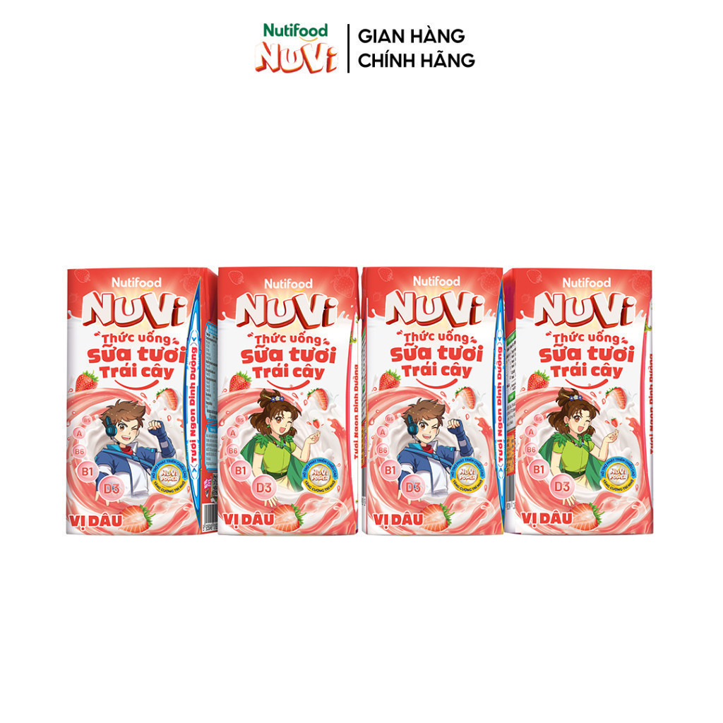 Thùng 48 hộp Thức Uống Sữa Tươi Trái Cây Tươi Nuvi Vị Dâu 110ml - Tăng Cường Chiều Cao, Phát Triển Trí Não