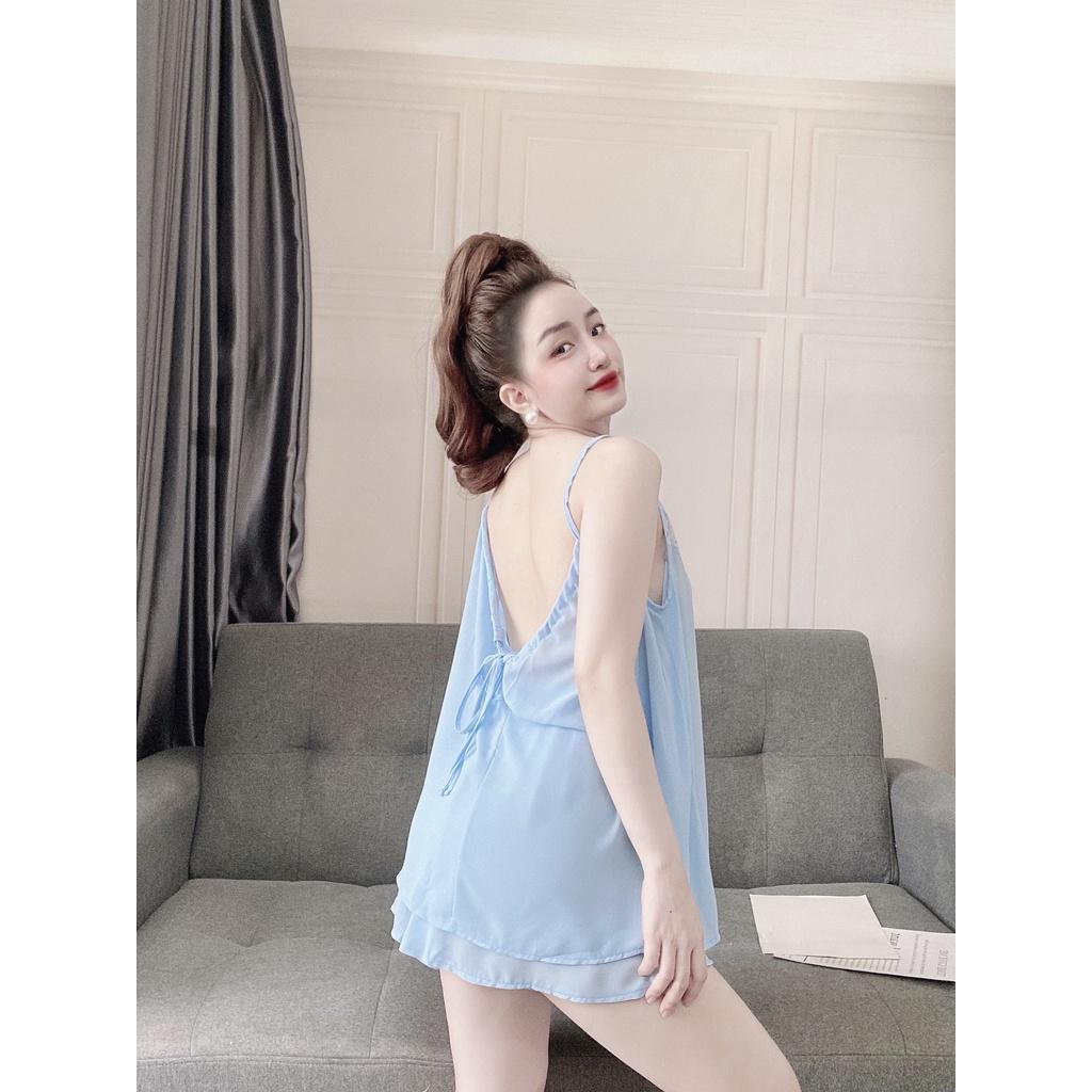 Bộ đồ ngủ lụa 2 dây phối ren ngực xuyên thấu sexy cao cấp