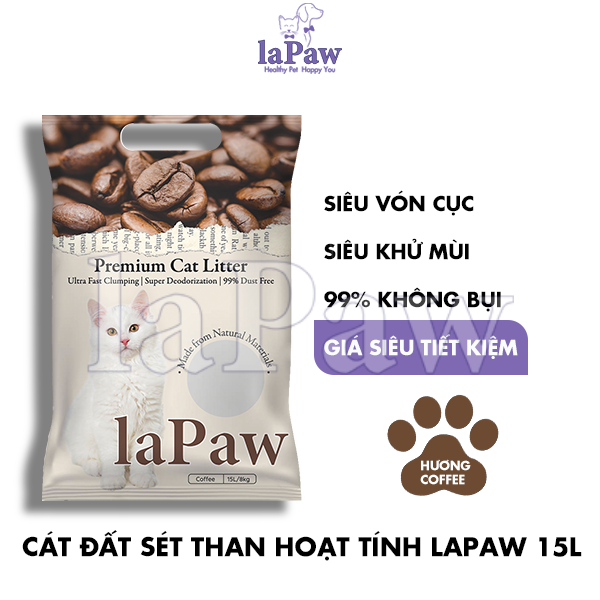 Cát vệ sinh cho mèo laPaw đất sét mix than hoạt tính siêu vón cục, siêu khử mùi, thơm lâu, ít bụi 15L