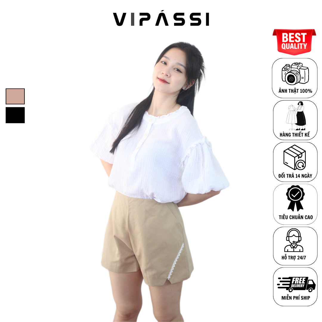 VIPÁSSI Quần Short Chữ A 2 Lớp Dây Kéo Sắt Xẻ Túi Kiểu Có Ren