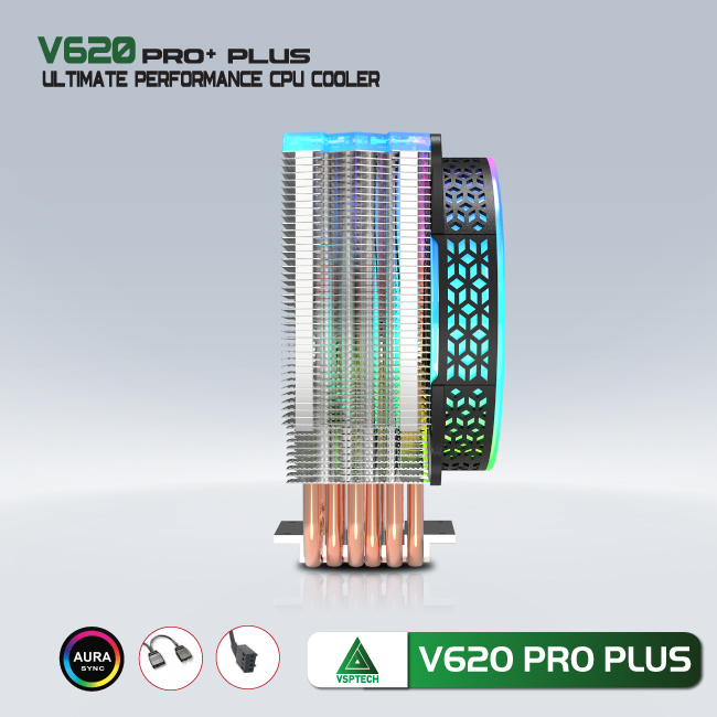 Quạt tản nhiệt CPU VSP V620 Pro plus Fan 12cm LED RGB 6 ống đồng - Hàng chính hãng TECH VISION phân