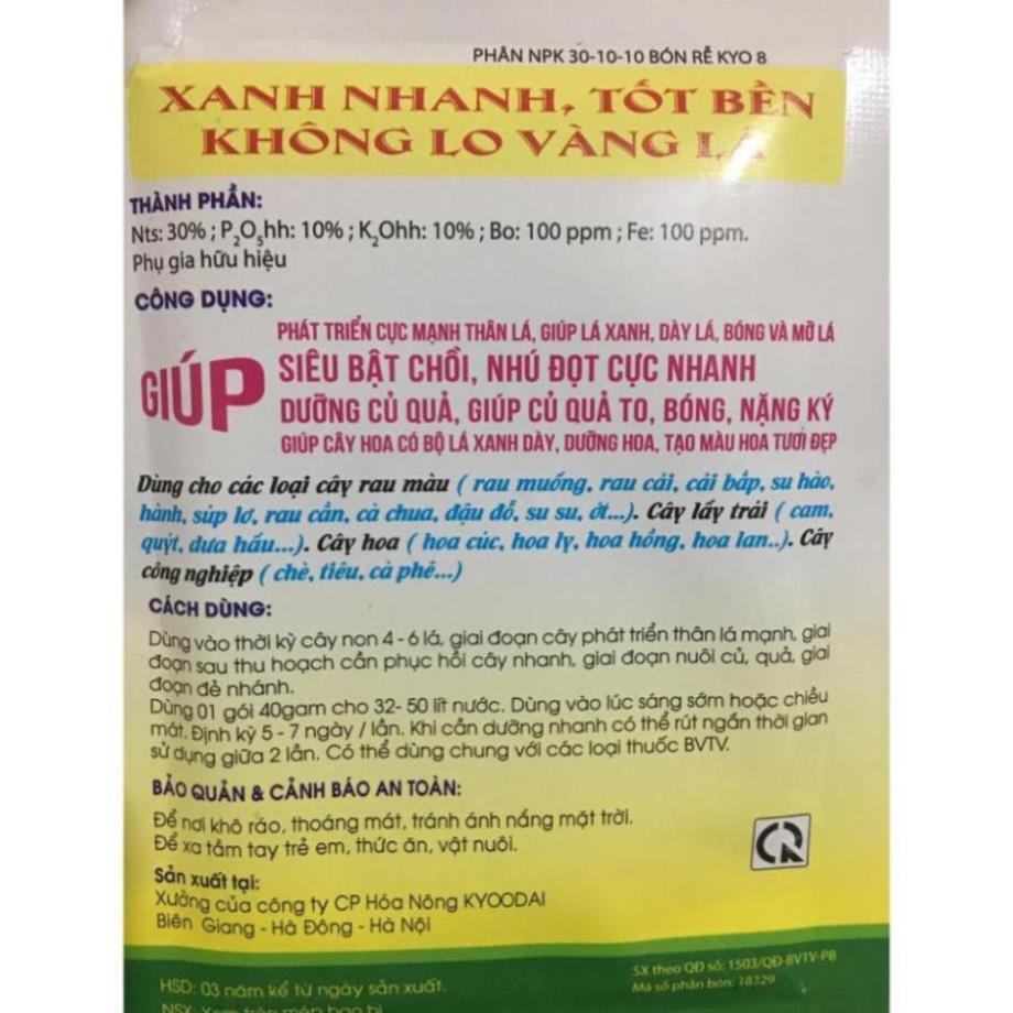 Phân bón NPK 30-10-10 nở bụi, xanh lá, mập cọng 40gr