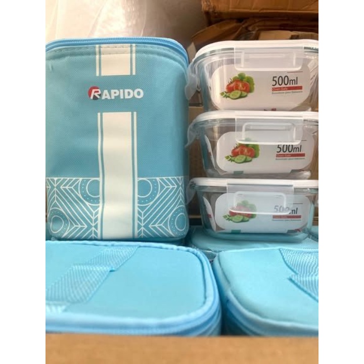 Bộ 3 bát thủy tinh 500ml có nắp kèm túi giữ nhiệt Rapido, hộp đựng thực phẩm thủy tinh chịu nhiệt cao - Hàng chính hãng
