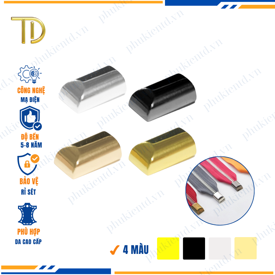 Chốt chặn dây kéo, Chặn đầu dây kéo túi xách, Đầu chặn dây khóa túi xách mạ điện độ bền 5-8 năm