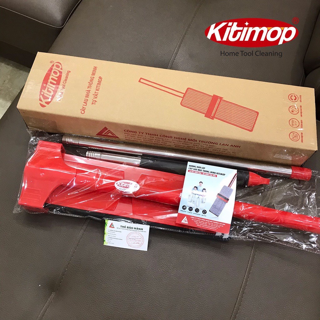 Cây lau nhà tự vắt Kitimop-Red chổi lau nhà thông minh xoay 360 độ lau sàn làm sạch, 3 bông lau