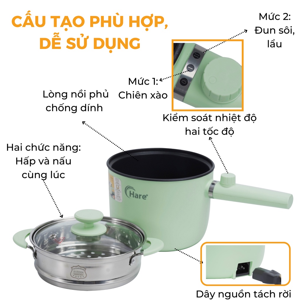 Nồi lẩu điện đa năng mini HR-MF1503 (1.5L) - hàng chính hãng thương hiệu Hare - bảo hành 12 tháng