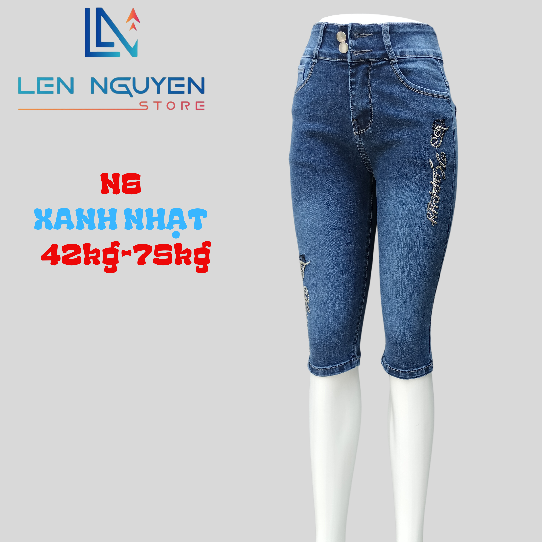 N6_7 tất thêu ép đá 27-35 xám và xanh nhạt, Quần bò Nữ Lưng Cao Size 27-35 Cho 43KG- 76KG Pants Women