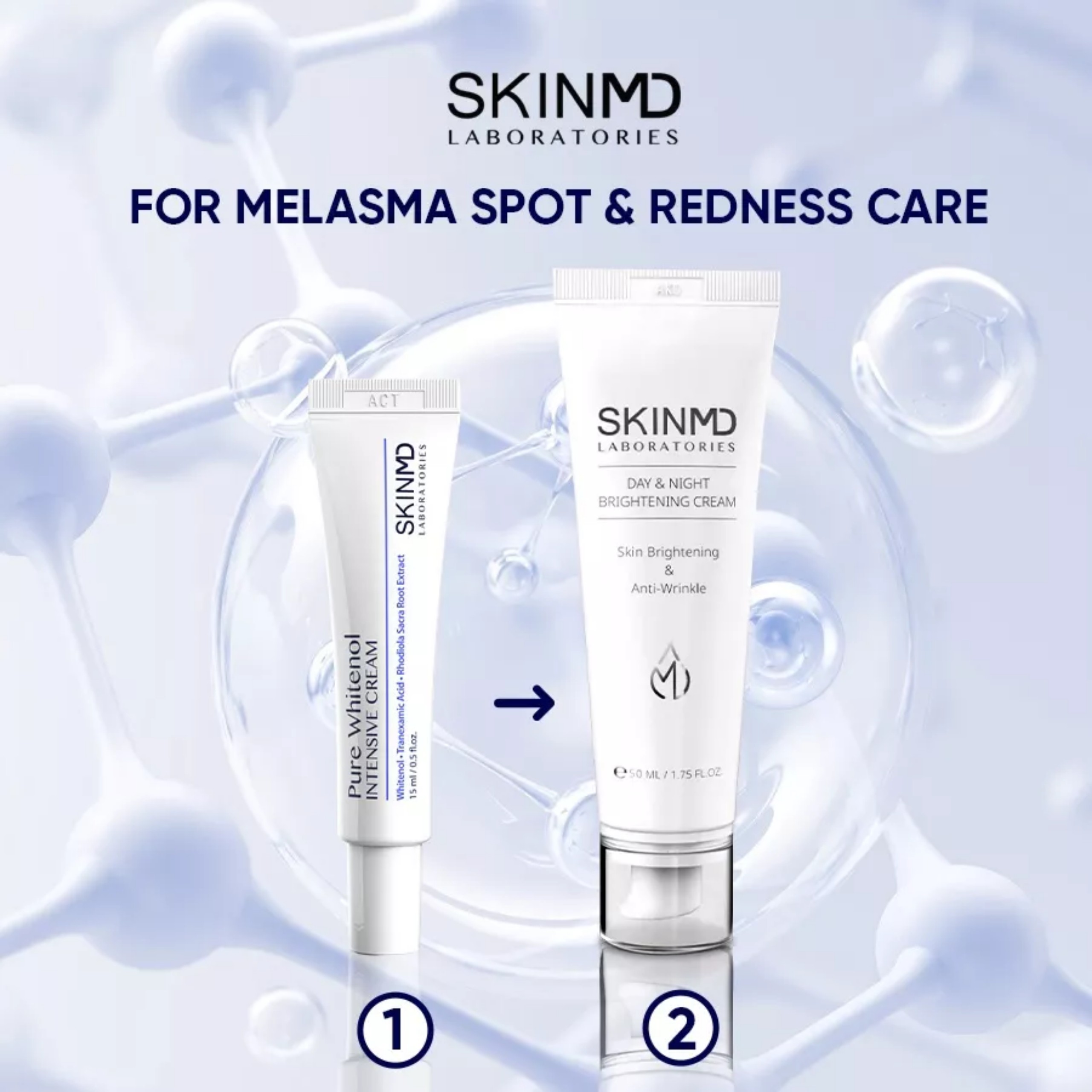 Combo mờ nám chuyên sâu SKINMD DAY &amp; NIGHT BRIGHTENING CREAM 50g và SKINMD PURE WHITENOL INTENSIVE CREAM 15g giúp dưỡng trắng da, mờ đốm sắc tố