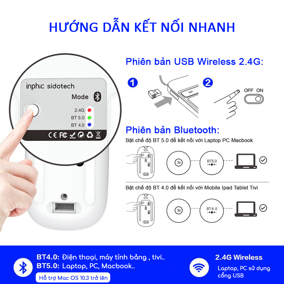 Chuột Không Dây Bluetooth Sidotech M1P Sạc Pin Không Tiếng Ồn - Hàng Chính Hãng